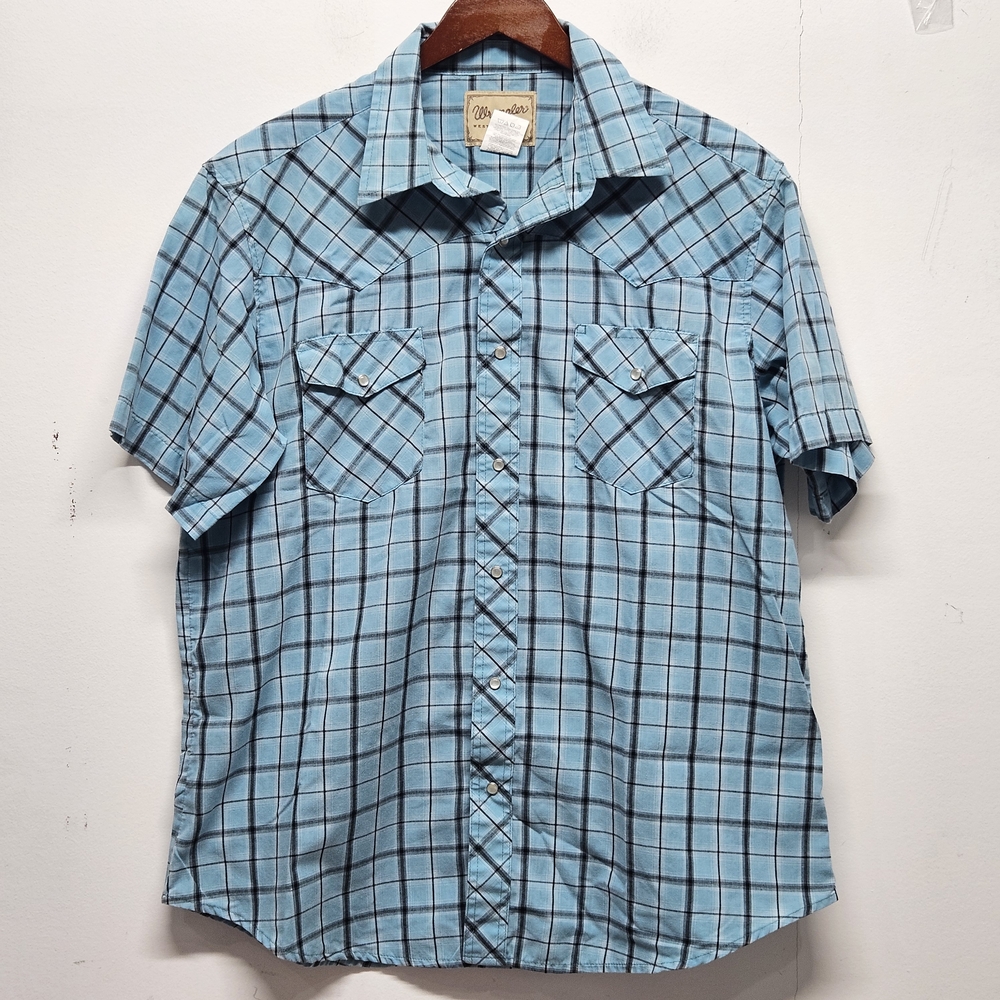 Wrangler Shirt XL Short Sleeve Pearl Snap Blue Checkered Board Western Rodeo